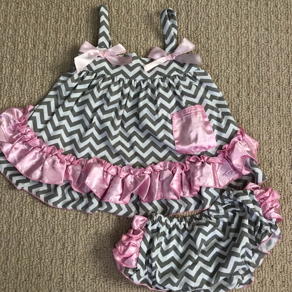 Gray & Pink Chevron Ruffle Top and Diaper Cover